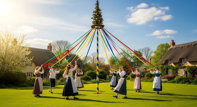 People dancing around maypole on sunny day with colorful ribbons