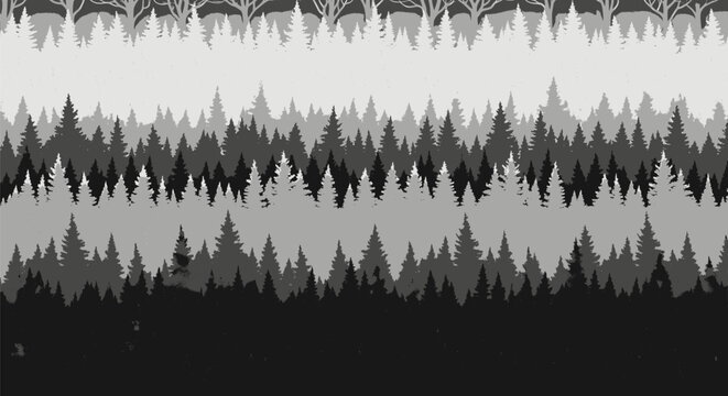 Grayscale forest illustration with layered trees, nature parallax background