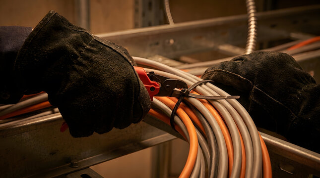 professional electrician cable management | industrial wiring installation service | worker trimming zip tie with cutters | heavy duty electrical maintenance work | securing power cables in metal tray
