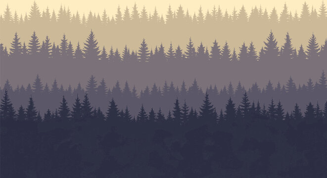 Layered forest silhouette parallax landscape with pine trees and sunset gradient