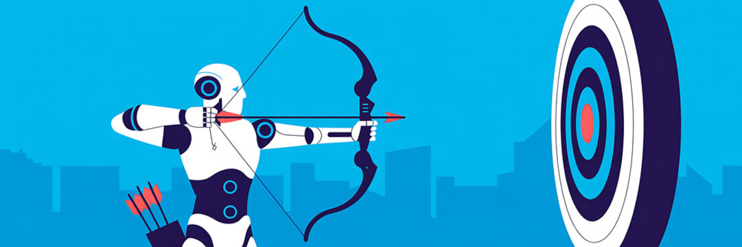 Robot archer with quiver of arrows aiming at target