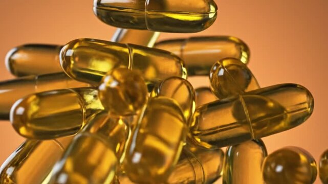 Group of yellow fish oil omega-3 gelatin capsules falling through the air on a pastel orange background, close-up macro shot of healthy dietary supplement softgels.