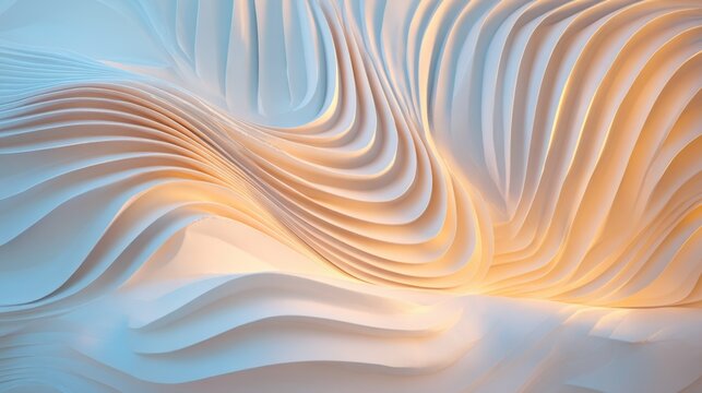 Cinematic shot of a luxury minimalist room, walls made of fluid white polymer shifting in a wave pattern, soft shadows, natural morning light