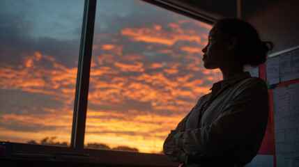 Fototapeta premium Person by the Window Watching Sunset
