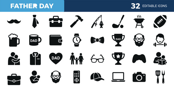 Set of 32 fill color icons related to father day. icon collection. Editable black and white. Vector illustration