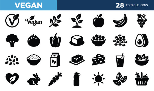 Set of 28 fill color icons related to vegan. icon collection. Editable black and white. Vector illustration