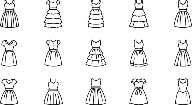 Black and white of women in dresses with various necklines and sleeve styles