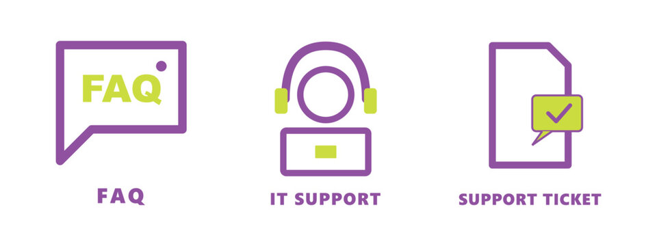 Help desk and support center icons for faq it assistance and ticketing management.