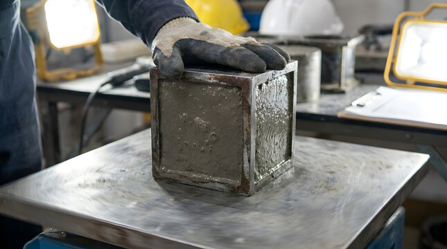 Concrete compression test in laboratory | Civil engineering quality control process | Fresh concrete cube mold preparation | Material strength testing for construction