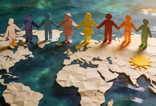 Perspective view of paper people figures holding hands over a global atlas.