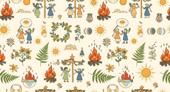 Seamless pattern with folk summer solstice rituals bonfire and florals