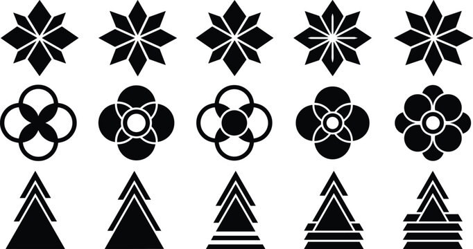Black and White Geometric Floral and Triangle Shapes Set with Symmetry and Intricate Patterns for Creative Design Projects