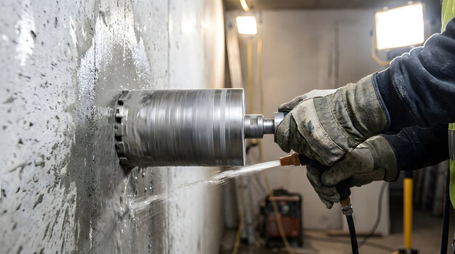 professional core drilling in concrete wall | industrial diamond core drill bit operation | construction worker using wet drilling machine | heavy duty concrete boring with water cooling