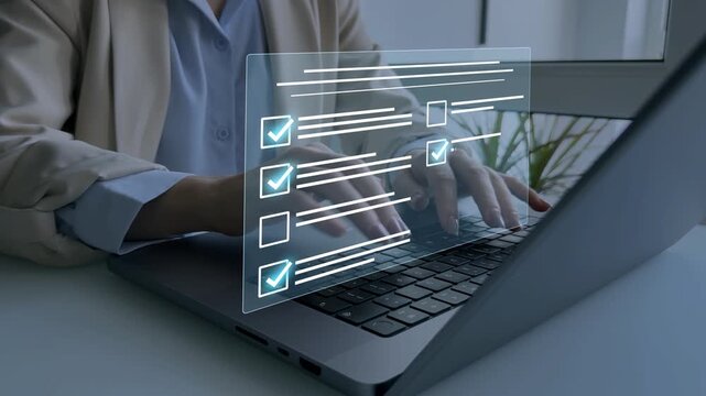 Online survey questionnaire with digital feedback form, customer evaluation and business assessment concept. Filling form, research analytics, technology interface and data review.