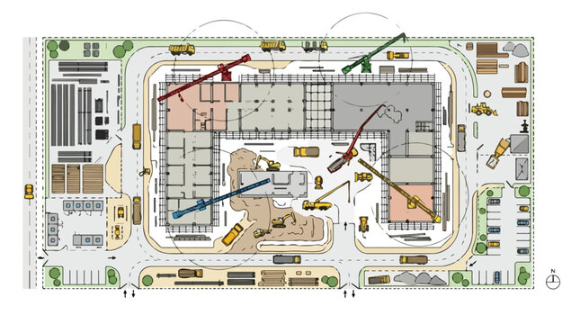 Architectural construction site plan vector, top view building development layout with cranes and machinery, industrial project blueprint map