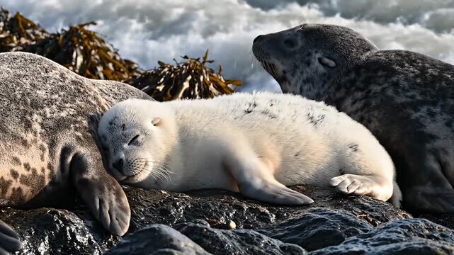 A newborn grey seal pup rests peacefully amidst its colony on rugged North Atlantic coastline rocks, its fluffy white coat providing remarkable warmth and camouflage against the ocean's crashing