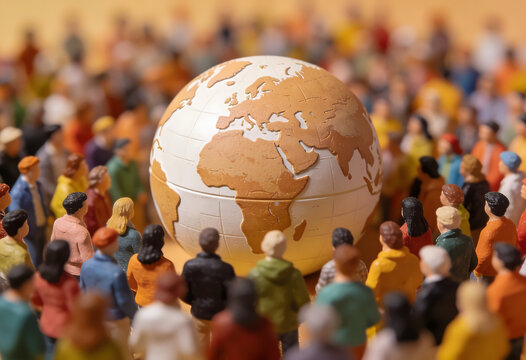 Global population surrounding earth in miniature world represents humanity unity concept.