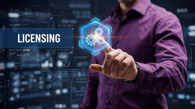 Man in purple shirt interacting with glowing blue licensing interface in futuristic setting