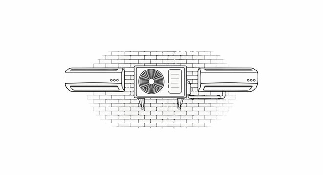 Stylized illustration of a multi-split air conditioning system mounted on a brick wall