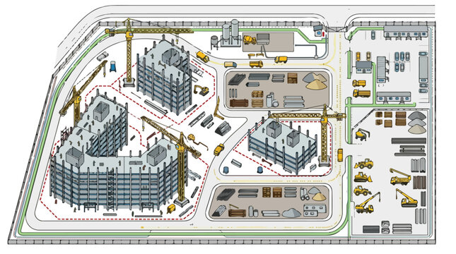 Isometric construction site vector illustration, industrial building project with yellow tower cranes, urban development site with heavy machinery and trucks
