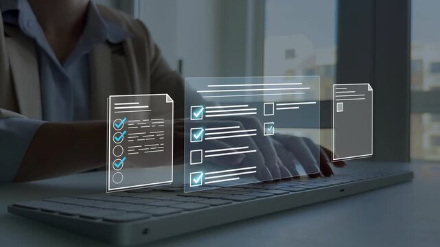 Document verification and approval process for business workflow, digital validation, checklist control, secure documentation, compliance review, certification and office management concept.