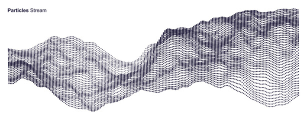 Plakat Wave background. Grid. An array with dynamic particles. Texture. Scientific illustration. Black and white. 3D vector for brochure, poster, cover, card, presentation, flyer or banner.