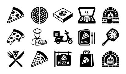 Monochrome pizza icon set restaurant delivery food symbols vector illustration