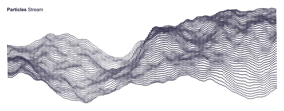 Wave background. Grid. An array with dynamic particles. Texture. Scientific illustration. Black and white. 3D vector for brochure, poster, cover, card, presentation, flyer or banner.