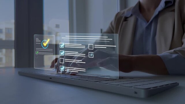 Business document checking and verification concept with digital workflow, paperwork review, approval process, audit control, office management and professional data organization.