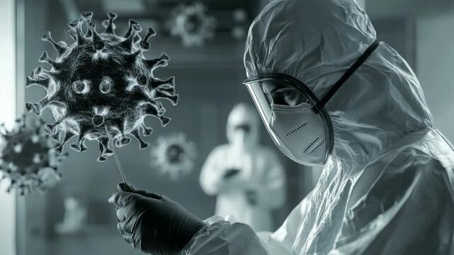 Side view of person in hazmat suit with respirator surrounded by floating virus symbols monochrome surreal composition expressing danger contamination and global pandemic crisis in scientific context