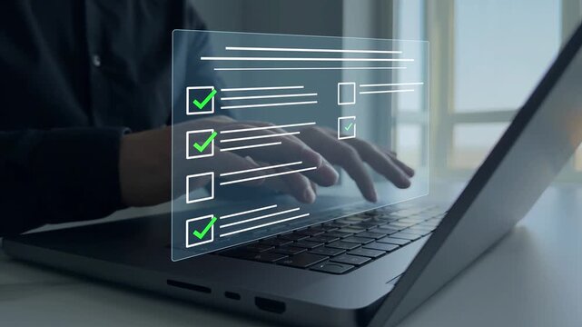 Online survey questionnaire with digital feedback form, customer evaluation and business assessment concept. Filling form, research analytics, technology interface and data review.
