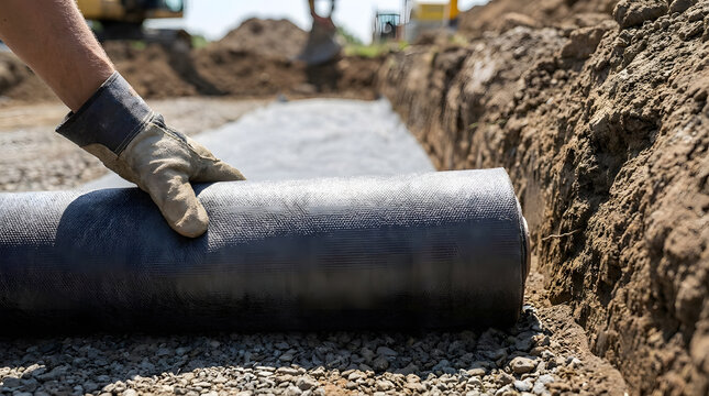 Installation of geotextile fabric on construction site | Ground stabilization with non-woven membrane | Civil engineering drainage system installation | Worker laying protective geotextile layer