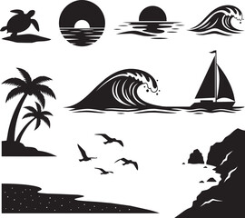 Obraz premium A vector illustration of a sailing yacht and cruise ship traveling on the blue ocean waves under a summer sun