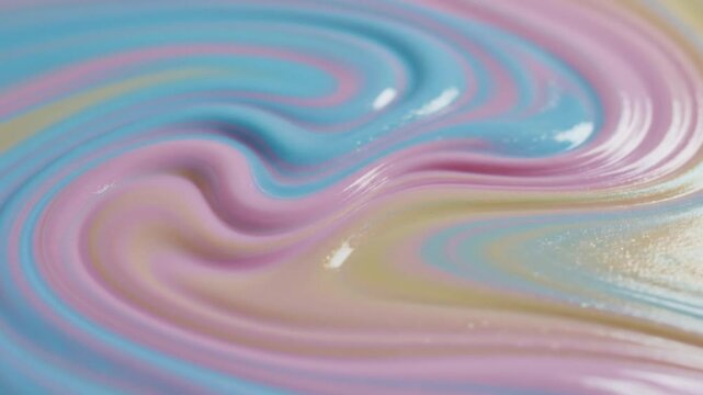 Macro view of soft pastel colored liquid swirling in smooth wavy patterns. Abstract background featuring glossy blue, pink, and yellow viscous fluid with light reflections.
