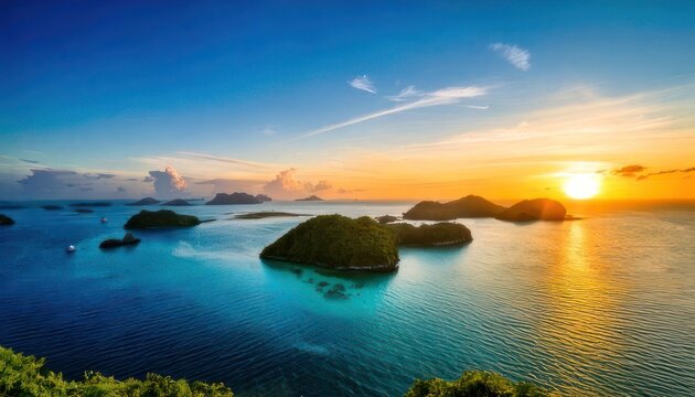 Breathtaking sunset over tropical islands in Raja Ampat, Indonesia.
