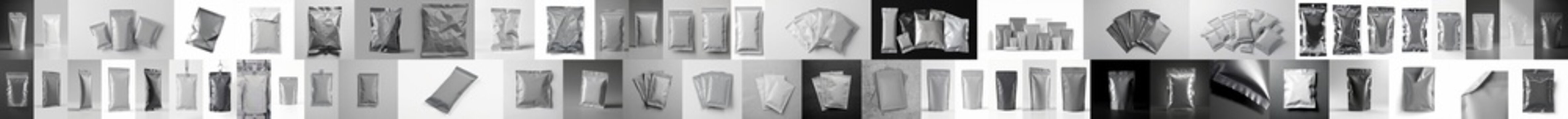 Large collage of blank silver foil pouches sachets and packaging bags for product design mockups