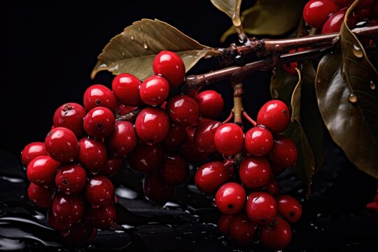 Branch of winterberry holly with red berries and water drops reflecting on dark surface