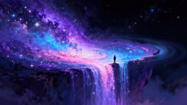 Person standing on cliff with cosmic waterfall