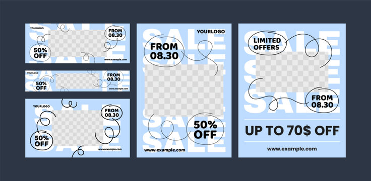 Promotional banner bundle for retail discount sales, featuring a light blue background with giant text, scribbled line art loops, and rectangular image placeholders