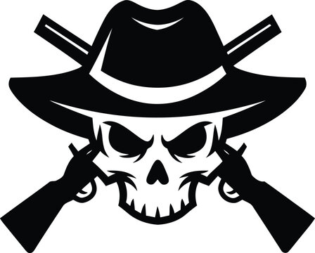 Skull wearing cowboy hat with crossed rifles vintage western illustration vector