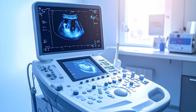 Modern Ultrasound Machine Displaying Medical Images in a Clinic.