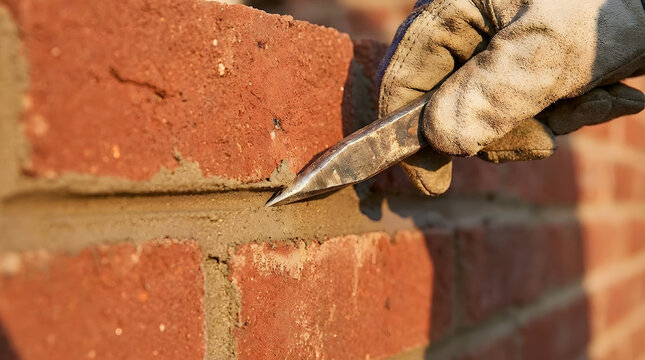 professional bricklayer pointing mortar joints | close up of gloved hand masonry work | red brick wall construction and repair | artisan mason using a jointer tool