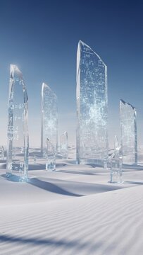 Towering crystal monoliths etched with complex mathematical equations stand in a desolate, rippled