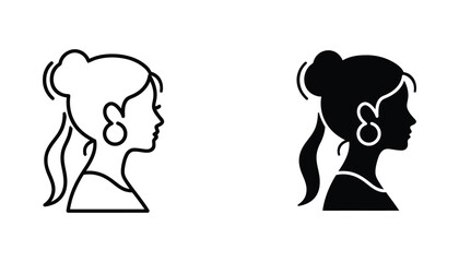 Profile portrait of a woman with bun hairstyle icon set in outline and solid black silhouette for beauty and fashion branding © Ryan