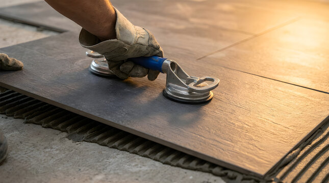 professional floor tile installation | laying large format porcelain tiles | worker installing ceramic floor tiles | tiling process with suction lifter tool