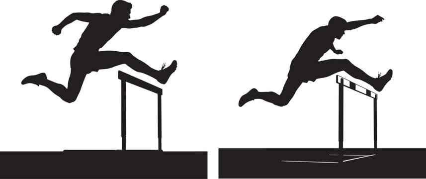 Athletes jumping over hurdles during a race track and field competition with hurdle race stadium track finish line long jump high jump triple jump pole vault discus throw javelin throw