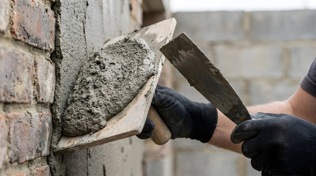 Professional plasterer applying wet render to brick wall | Close up of construction worker using hawk and trowel | Home renovation masonry work with cement mortar | Exterior wall rendering process