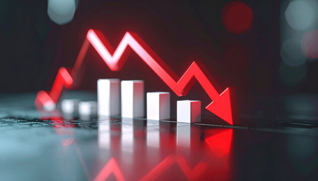 Minimalist white graph with bold red arrow pointing down, business risk and financial decline concept. money loss and market downturn.