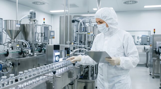 Professional woman checks generic glass vials on automated pharma line, clearly communicating sterile production, technical responsibility and manufacturing quality.