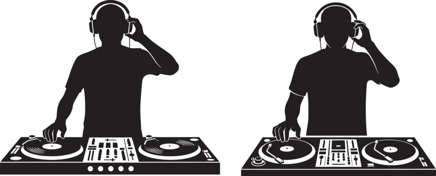 Two d js silhouetted behind turntables and mixer with disc jockey electronic music black and white audio equipment music production party music entertainment nightlife performance silhouette